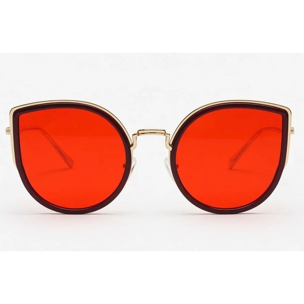 Womens Oversized Cat Eye Sunglasses Red Tinted Lens Gold Frame Statement Shades